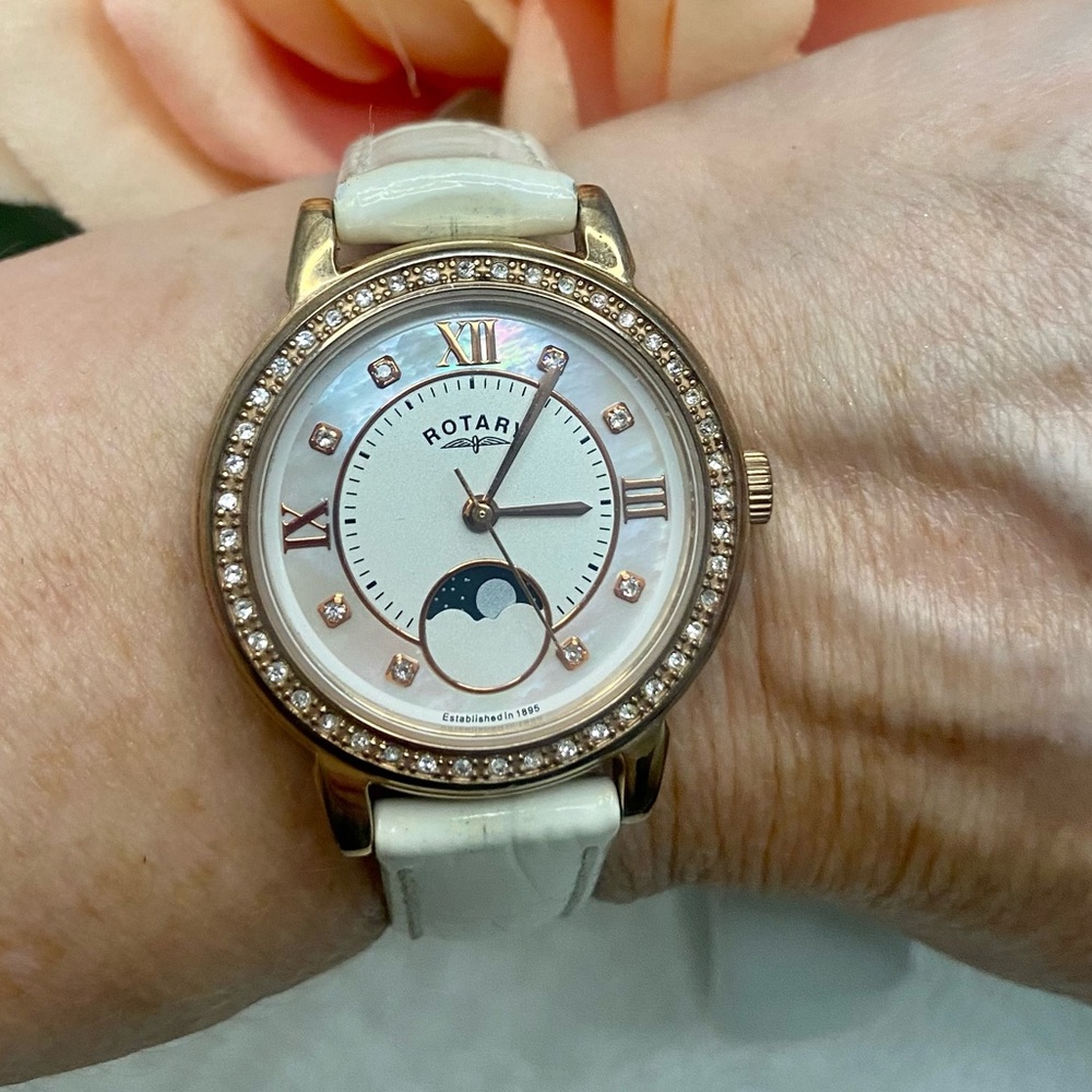 Gorgeous Rotary Mother of Pearl Dial Crystal Bezel Moon Phase Watch LS00164/41
